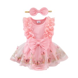 CETEPY 9-12 Month Girl Clothes Infant Baby Summer Outfits Cute Butterflies Mesh Ruffle Bow Sleeveless Romper Headband Pink Set 9-12 Months