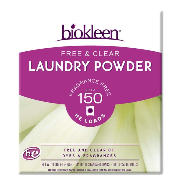 Biokleen Laundry Detergent Powder, Concentrated, Eco-Friendly, Non-Toxic, Plant-Based, No Artificial Fragrance, Free & Clear, Unscented, 10 Pounds - 150 HE Loads/100 Standard Loads (Pack of 4)