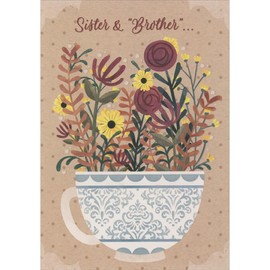 Designer Greetings Red and Yellow Flowers in White and Blue Tea Cup Thanksgiving Card for Sister and 'Brother'