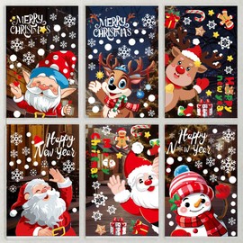 SlowTon Pegatinas para Ventana de Navidad, 6/9 Hojas de Papá Noel Gnomo Copo y Muñeco de Nieve Decoraciones, Doble Impreso Reutilizable Etiqueta Engomada para Decoración Navidad y Fiesta