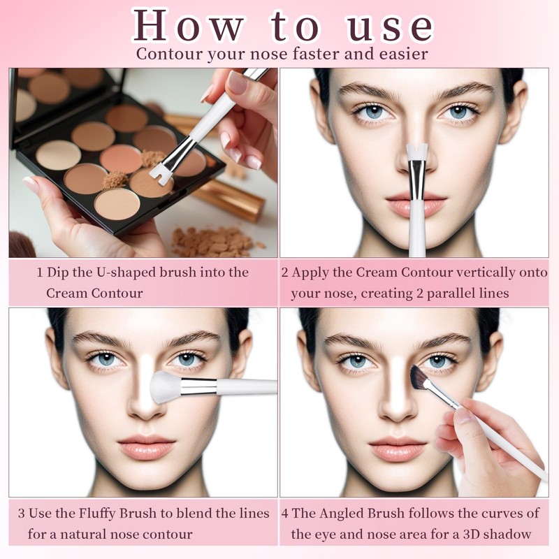 2pcs Nose Contour Brushes, 2-in-1 U-Shaped Fluffy and Angled Brush