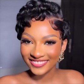 RICONEY Culry Lace Front Wig for Black Women Short Bob Wig Human Hair Pre Plucked Pixie Cut Wig 13x4 Lace Wig with Baby Hair 1B Color 150% Density