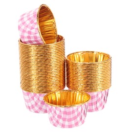 sourcing map 50 Pcs Single-Sided Aluminum Foil Cupcake Liners, Greaseproof Muffins Baking Cupcakes for Wedding Birthday Party Decoration, Pink (Round-Grid)