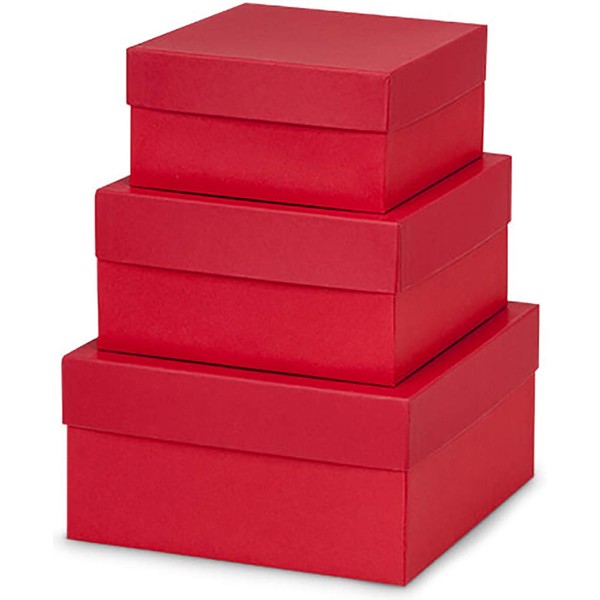 Made in USA Recycled Paper Kraft Boxes – 6.25”, 7.25” & 8.25” – Nested Squared Boxes with Lids (Large Set of 3 - Wild Cherry Red)