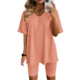 AGSEEM - Conjunto de dos piezas para mujer, cuello en V, playera de verano, pantalones cortos de motociclista, pantalones cortos de entrenamiento deportivo, Rosa (Coral Pink), L