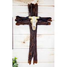 Ebros Gift Rustic Western Longhorn Bull Cow Skull On Faux Log Distressed Wood Wall Cross Decor Plaque Vintage Design Hanging Sculpture 16.5" High Catholic Christian Accent Decorative Crosses