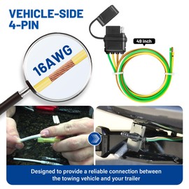 MECMO 4 Pin Vehicle Side Trailer Wiring Harness 49 Inch, 16AWG 4 Prong Trailer Light Plug Socket with Dust Cover, Truck 4 Way Flat Trailer Connector Female 4 Wire Replacement Trailer Hitch Wiring 4ft