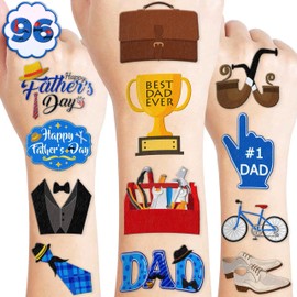 96 PCS Funny Happy Fathers Father’s Day Best Dad Ever Temporary Tattoos Themed Birthday Party Favors Decorations Supplies Decor Blue Papa Tool Tattoo Stickers Gifts For Kids Boys Girls School Prizes