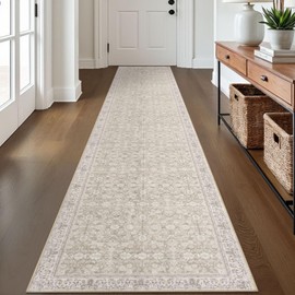 SIILOOM 2x12 Cream Beige Grey Washable Runner Rug for Kitchen, Soft Classic Runner with Non-Slip, Non-Shedding Distressed Floral Rug for Hallways Entryway Bedroom Laundry Indoor
