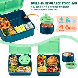 Bento Lunch Box for Kids with 8oz Soup Thermo,Kids Leakproof Lunch Food Containers with 4 Compartment,Kid Insulated Thermo Hot Food Jar for School,Trvael-Green