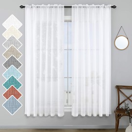 White Semi Sheer Curtains 63 Inch Length for Bedroom Set 2 Panels Rod Pocket Translucent Light Filtering Faux Linen Textured Solid Privacy Curtains Sheer for Living Room Closet Wide 52x63 in Long