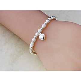 Silver Colour Round Beads With Star Dust Beads Heart Charms Stretchable Bracelet