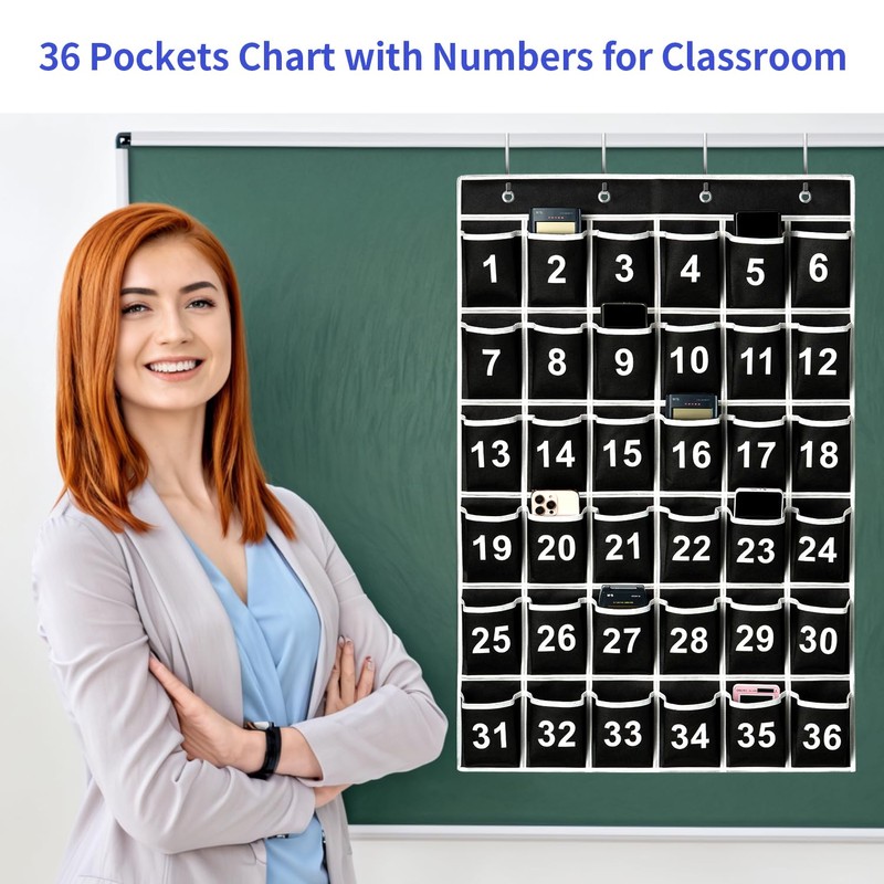 SAVERHO 36 Pockets Black Numbered Classroom Pocket Chart for Cell