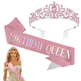 Jukeios Birthday Ensemble: Sash, Tiara, and Pink Crown for Women's Birthday Celebrations