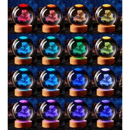 3D panda Crystal Ball lamp,3.15 inch K9 Crystal Ball night light,panda family Light with Wooden Base,glass ball table lamp,16 Colors Change with Remote Control,birthday christmas panda gift (B)