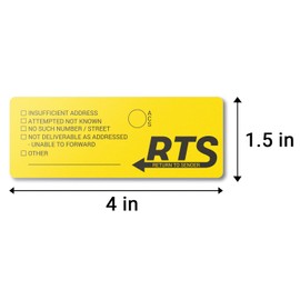 300 Return to Sender Labels, 1.5 x 4 inch RTS - Return to Sender Labels, Mark & Write in Option ACS Insufficient Address, 1 Roll of RTS Stickers Yellow & Black