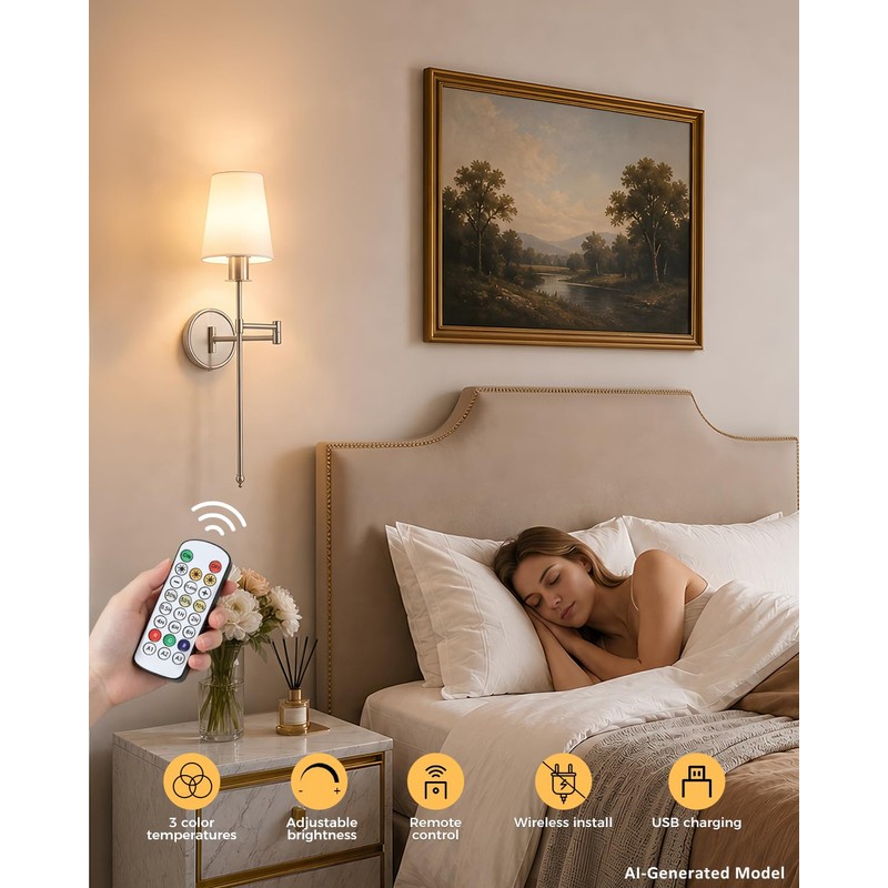 ECOBRT Battery Operated Wall Sconces Set of 2, Brushed Nickel