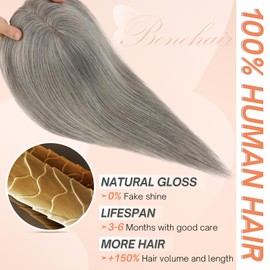 Benehair Human Hair Toppers for Women Clip in Hair Toppers for Daily Use 2 * 6cm Hand Made Lace Base Long Coverage Natural Hairpiece Wiglet #Dark Gray 12 Inch