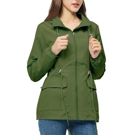 Women's Lightweight Raincoat with Adjustable Waist and Hood Waterproof Jacket with Double Windproof Zipper and Large Pockets