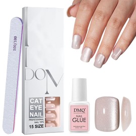 DMQ Cat Eye Press on Nails Short, 120Pcs Square Nude False Nails, French Nude Glitter Fake Nails, Soft Gel Glossy Stick on Nails with Glue, 15 Sizes Full Cover Glue on Nails for Women Nails Art