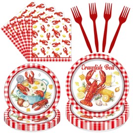 TAKEALOOKO 96 Pcs Crawfish Boil Party Supplies, Red White Crawfish Plates and Napkins Tableware Set, BBQ Shrimp Lobster Crab Seafood Theme Party Decorations Serves 24