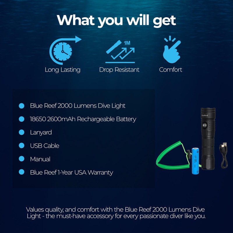 Blue Reef 2000 Lumens Dive Light, High-Powered Rechargeable LED Flashlight,