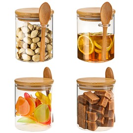 JOUALY 4-Pack Glass Food Storage Jar 18.2 oz,100% Sealed Borosilicate Glass Bamboo Glass Jars with Bamboo Lid and Bamboo Spoon for Candy, Spices, Coffee Beans, Nuts, Condiments, Cookies, Flour,Tea