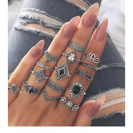 WLL 6-16 PCS Knuckle Stacking Rings for Women,Boho Vintage Sun Moon Finger Rings Stackable Silver Midi Rings Set Multiple Rings Jewelry (E:15 PCS)