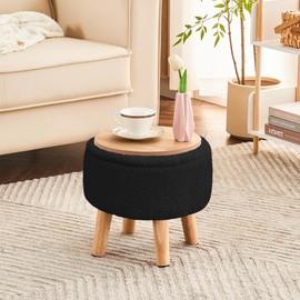 Poofzy Small Ottoman with Storage, Small Foot Stool Ottoman with Wood Legs, Sherpa Foot Rest for Couch, Living Room and Bedroom - Black