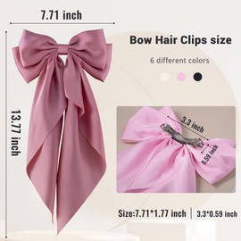hisial 6Pcs Large Bows Hair Clips for Women Girls Long Tail Hair Ribbon Silky Satin Barrettes Coquette Bows Accessories (Black/Pink/Red/White)
