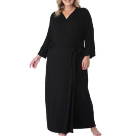 iFigure Women's Plus Size Long Robe Full Length Bathrobes Kimono Dressing Gown Sleepwear Maternity Delivery Robes with Pocket, Black, 2X