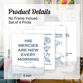 Wheatwin Coastal Beach Bible Wall Art Set of 4, Coastal Christian Scripture Ocean Prayer Blue Wall Decor for Bathroom Bedroom Living Room Office Dorm 8x10 Unframed