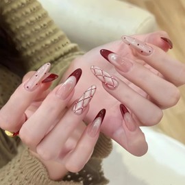 C.Z.Z.T.T.NAILS Press On Nails,Long Almond Red Glitter French Fake Nails for Women,30pcs with Jelly Glue,Reusable, Perfect for Holiday Parties or Gifts