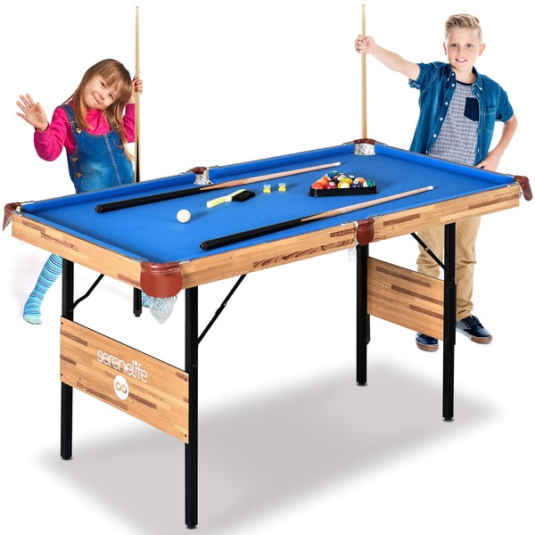 SereneLife 4.5ft Folding Pool Table, 54in Portable Foldable Billiards Game Table for Kids and Adults with Accessories, Indoor and Outdoor Game with Sticks, Cue, Balls and Triangle, Blue (SLPTB56)