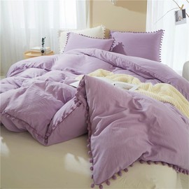 IHOUSTRIY Duvet Cover King Size,100% Washed Microfiber 3pcs Bedding Duvet Cover Set, Pom Poms Fringe Solid Color Soft and Breathable with Zipper Closure & Corner Ties (King, Purple)