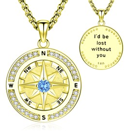 Eusense Compass Necklace 925 Sterling Silver Compass Pendant Chain Gifts for Father's Day Graduation Gift Jewellery for Men Women, Sterling Silver, No Gemstone