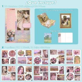 128pzs Journal Scrapbook Vintage Con Libreta Stickers Tape, Kit Estético de Álbumes de Recortes, Bullet Journal Kit Suministros de Albumes de Recortes