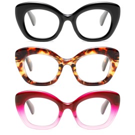 Hubeye 3 Pack Cat Eye Reading Glasses for Women Oversized Blue Light Blocking Fashion Reader with Spring Hihinge （Black/Tortoiseshell/Purple +2.0）