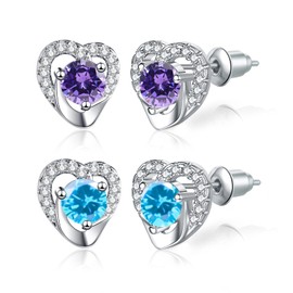 Blue Heart Earrings Set, Sterling Silver Stud Earrings, Silver Studs Earrings for Women Girls, Purple Birthstone Earrings Gifts Hypoallergenic Earrings Studs Jewellery Gifts for Her