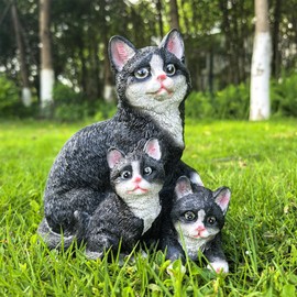 Ahbuohe Mama Cat and Kitten Garden Statue,Outdoor Lawn Decorative Figurine Black Cat Statue for Patio Yard,Funny Animal Flower Bed Decor Art Sculpture
