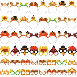 Daifunli 48 Pcs Thanksgiving Headbands Paper Glasses Set Thanksgiving Head Boppers Pumpkin Turkey Sunglasses for Adults Turkey Head Costume Decoration for Friendsgiving Party Favor Accessories