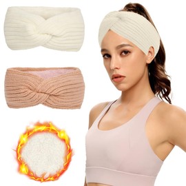 Pack of 2 Women's Winter Knitted Ear Warmers Hair Band Girls Knotted Knitted Headbands Thick Women Hair Bands Crochet Elastic Plush Sports Skiing (White, Pink)