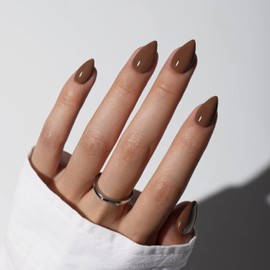 KQueenest Light Brown Press On Nails Short - Acrylic Press On Nails Almond, Sheer Short Fake Nails Set, Glossy Opaque, Stiletto Reusable Soft Gel Glue on Nails for Women, 30 Pcs