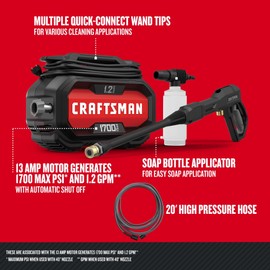 CRAFTSMAN Electric Pressure Washer, Cold Water, Lightweight Corded Power Washer for Cars, Driveways, Patio and Garage, Powerful 1700-PSI, 1.2-GPM, Compact, Easy to Use (CMEPW1700)