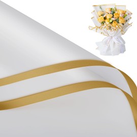 BWLOIES Korean Paper for Flowers, 15 Sheets White Flower Wrapping Paper with Golden Border, 22.8x22.8inches, Multi-purpose Occasion