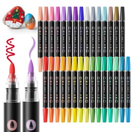 SUNEE 30 Colors Dual Tip Acrylic Paint Markers Pens, Bullet and Brush Tip Art Markers with Automatic Ink Control System, Water-Based Acrylic for Paper, Metal, Rock, Ceramic, Wood, Canvas, Glass