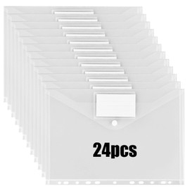Document Folder A4, Pack of 24 Transparent Document Pockets, Plastic Folder, A4 Folder with Velcro Fastening, Label Pocket, 11 Holes, Expandable Waterproof Portfolio Folder for Documents Organiser