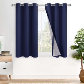 XWZO 100% Blackout Curtains 2 Panels with Tiebacks- Double Layers Heat and Full Light Blocking Window Panels with Grommets for Narrow Short Windows, Navy Blue, W38 x L45, Set of 2