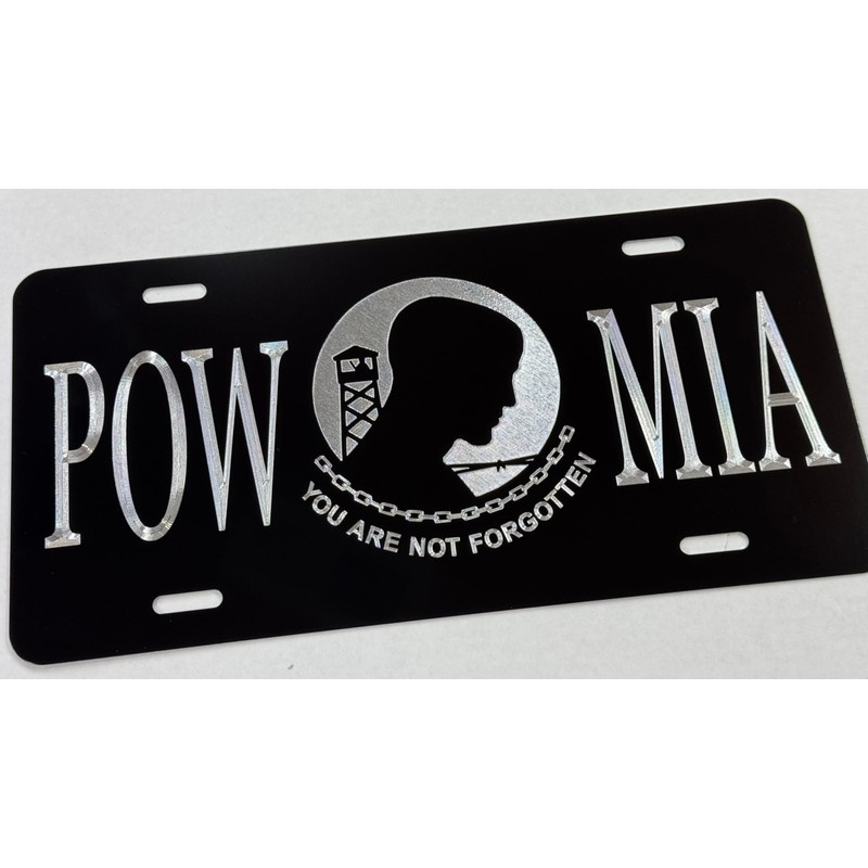 Silver Engraved POW MIA Car Tag Diamond Etched Vanity Front