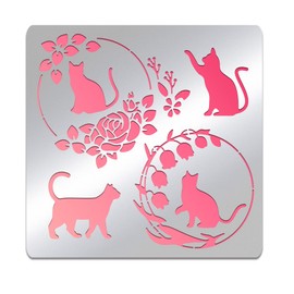 BENECREAT Cat Pattern Stainless Steel Paint Stencils 156x156mm/6.14x6.14inch Rose Wreath Bell Flower Reusable Art Stencil Template for Wood Burning DIY Scrapbooking Photo Album
